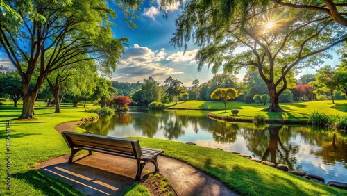 Serene and peaceful park landscape with no people in sight photo