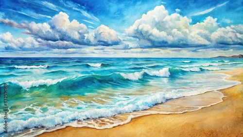 Abstract watercolor beach scene with blue ocean  sandy beach  and sea foam textures