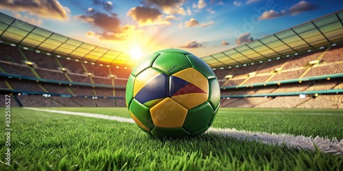 Close up shot of a Brazilian soccer ball on the green grass of a stadium  with the vibrant colors and patterns popping off the screen
