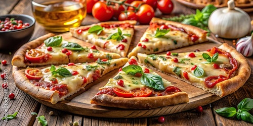 Mouthwatering pizza slices with melted cheese and flavorful toppings photo
