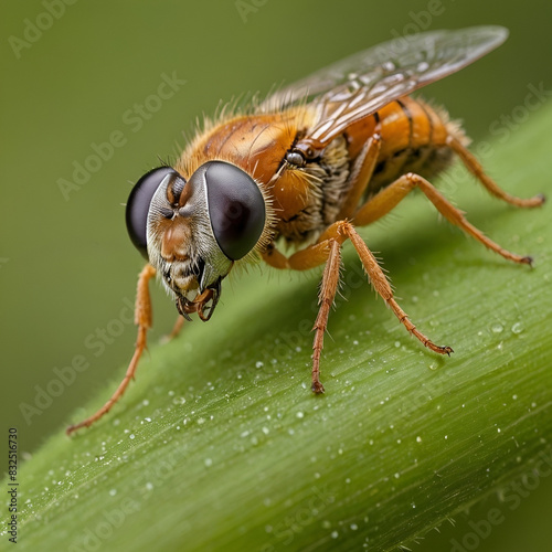 Macro insecto anaranjado posado en un tallo photo
