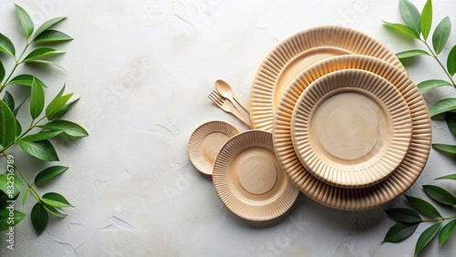Eco friendly disposable paper plates on a light background photo