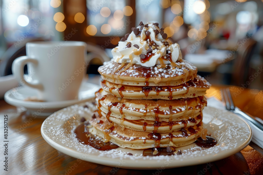 Pancake with berry strawberry syrup with coffee in restaurant. Pancake with berry strawberry syrup with coffee in restaurant.