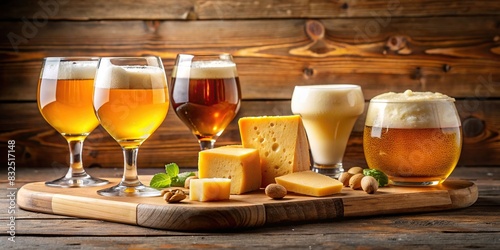 Glasses of Belgian light blonde beer and a variety of Belgian cheeses on a wooden board photo