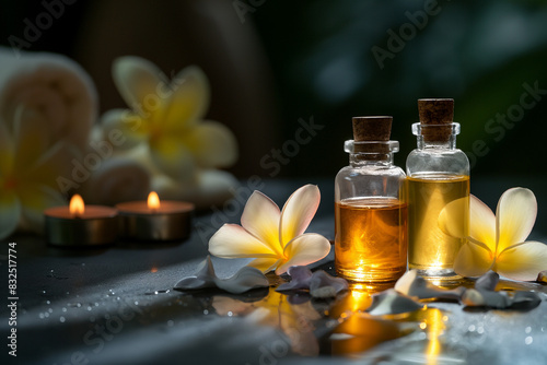 Set for spa with towels, salt and aromatic oils, selective focus