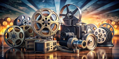 A diverse collection of film reels and cameras symbolizing equal opportunities in the entertainment industry photo