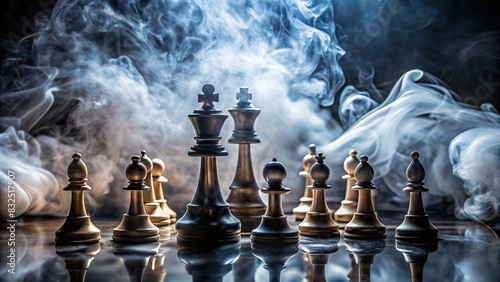 Chess figures enveloped in smoke and fog on a dark background