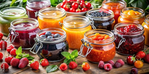Colorful assortment of jams and preserves in glass jars, perfect for breakfast and dessert recipes photo