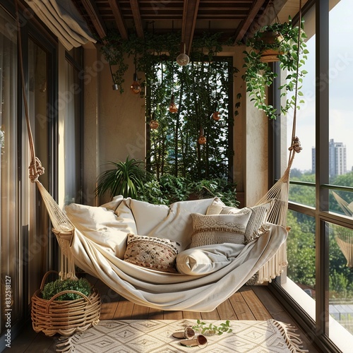 Step into a charming balcony sanctuary with a hammock swing suspended from the ceiling, surrounded by blooming plants and trailing vines. Experience the gentle sway of the hammock