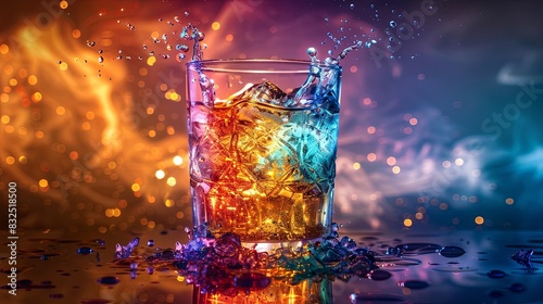 Alcoholic drinks of life with rainbow colors, glowing from within in the dark, glowing energy surrounding it. photo