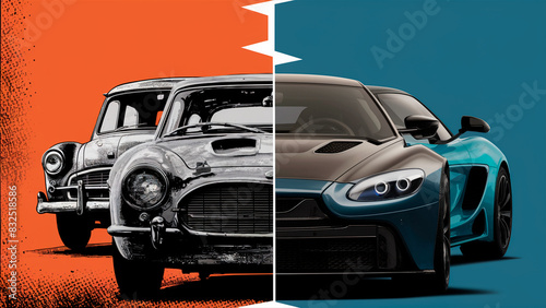 Old car vs. new car. Comparison poster
