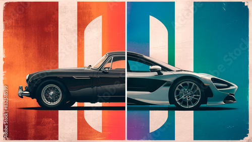 Old car vs. new car. Comparison poster
