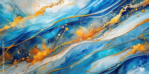 Abstract art with blue and white background and gold and orange line photo