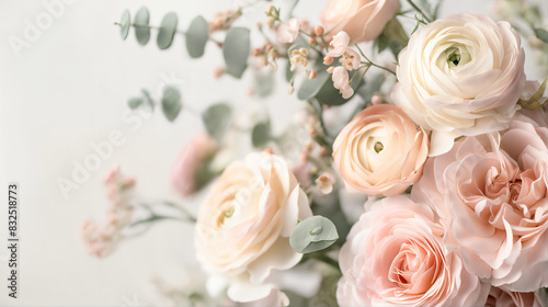 Closeup of Beautiful Bouquet of White Pink Roses Peony  With Copyspace for text   Wedding Valentine s Day Lover Background