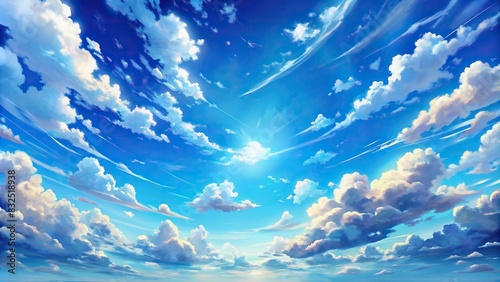 A whimsical blue sky filled with clouds in a manga/anime/comic art style photo