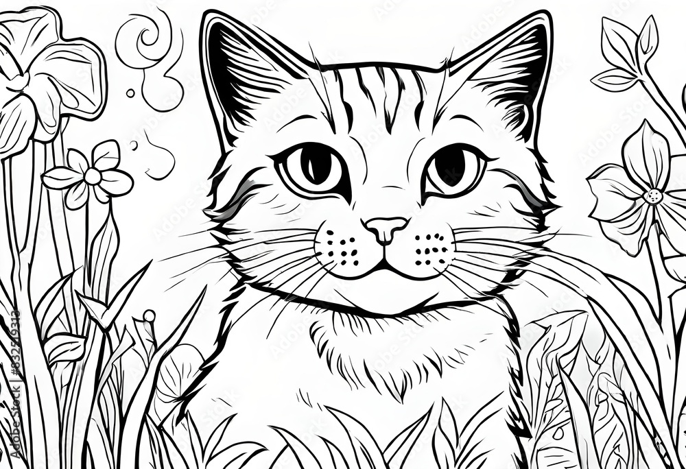Lineart, coloring book, Black and white,cat with flowers Lineart, coloring book, Black and white,cat with flowers