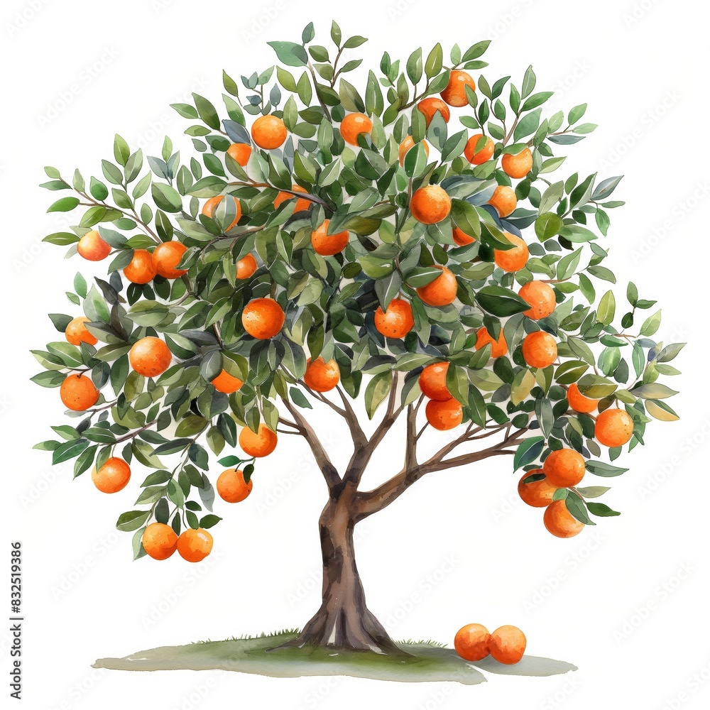 Illustration of lush orange tree laden with fruit in a sunny orchard isolated on white background.