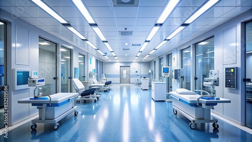 Hospital interior with empty clinic corridor  showcasing medical technology and health care equipment