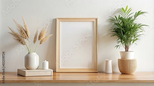 Minimalist mock up frame photo in a serene home interior background, ideal for featuring text or products photo