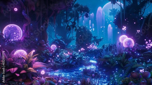 Envision a surreal landscape from above, showcasing a vibrant and lush alien jungle with bioluminescent plants illuminated by ethereal glowing orbs photo
