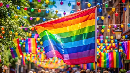 Rainbow pride flag hanging at pride festival with colorful decorations