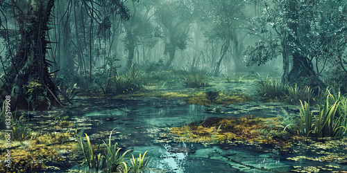 Stagnant Swamp Scene  Detailed microscopy of a stagnant and slimy swamp environment  colored in murky blues  slimy greens  and decaying browns