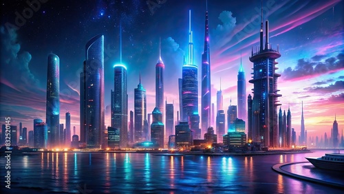 Futuristic  of a night city with neon lights and high-rise buildings by the ocean