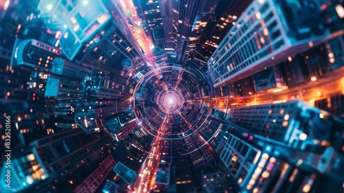 Futuristic holographic cityscape seen from a birds-eye view, blending with abstract swirls and geometric shapes, captured in an unexpected overhead angle photo