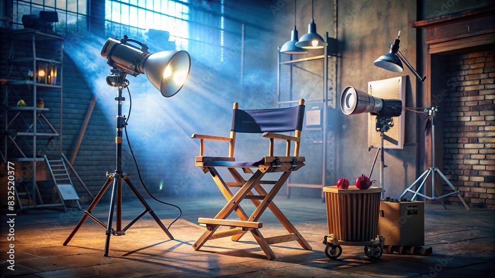 Empty director's chair and megaphone on set with film props and lighting equipment