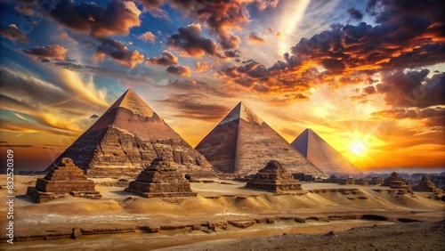 A stunning landscape featuring ancient Egyptian pyramids against a backdrop of a beautiful sunset