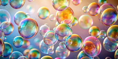 Colorful soap bubbles floating on a light background photo