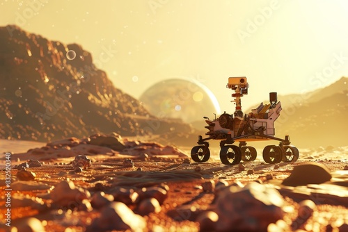 the rover exploring the martian landscape for research the mars bokeh style background