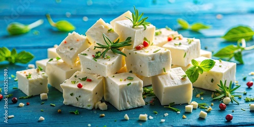 Close-up of feta cheese pieces on vibrant blue background. Colorful food composition photo