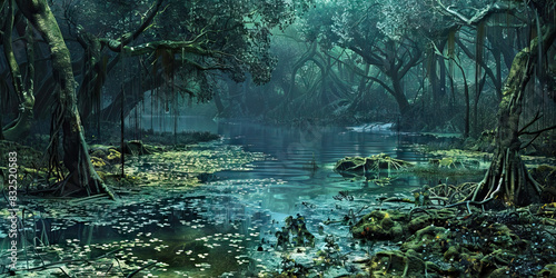 Stagnant Swamp Scene: Detailed microscopy of a stagnant and slimy swamp environment, colored in murky blues, slimy greens, and decaying browns
