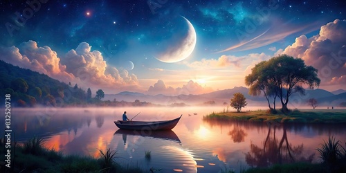 of enchanting mythical landscape with crescent moon shining over tranquil waters and a small boat photo