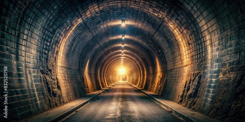 A long, dark tunnel with a distant light at the end photo