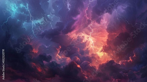 Illustrate a frontal view of a dramatic thunderstorm using animation styles merged with impressionism photo