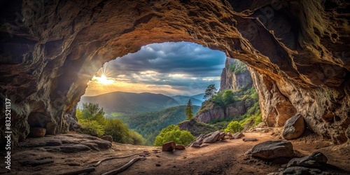 Empty dark cave with a view out to the outside world