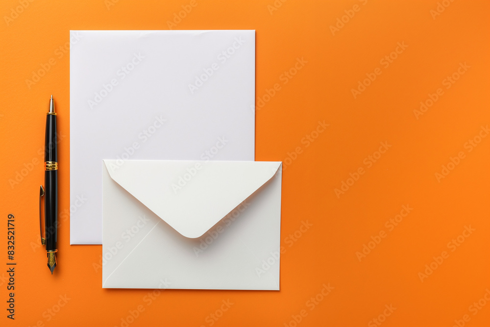 Blank sheet of paper, letter envelope and pen on orange background, top view. Space for text Blank sheet of paper, letter envelope and pen on orange background, top view. Space for text