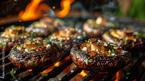 Side angle shot of grilled Portobello mushrooms with herbs and sea salt on a barbecue grill. © paramee