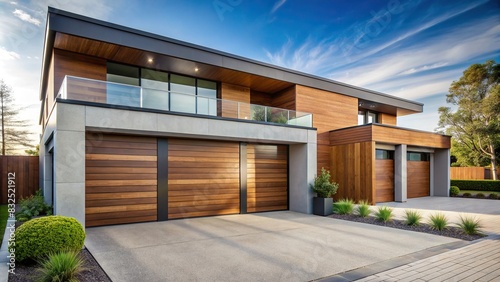 Modern house with a sleek wooden front door with sidelights and matching garage doors © Woonsen