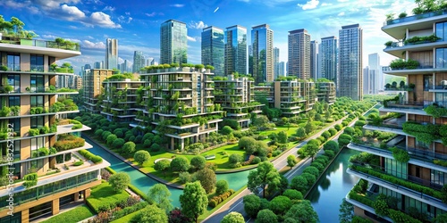 Sustainable green city with diverse modern environment lifestyle photo