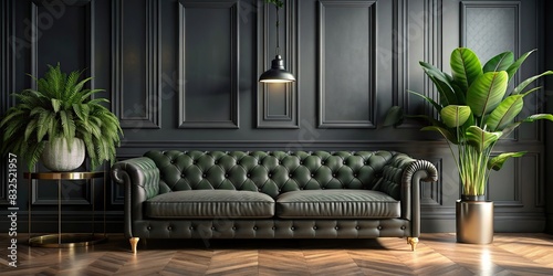 Modern classic black interior with a large black sofa, luxurious fabric sofa, and a green houseplant in a dark room photo