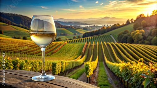 Wine glass set against a scenic vineyard backdrop photo