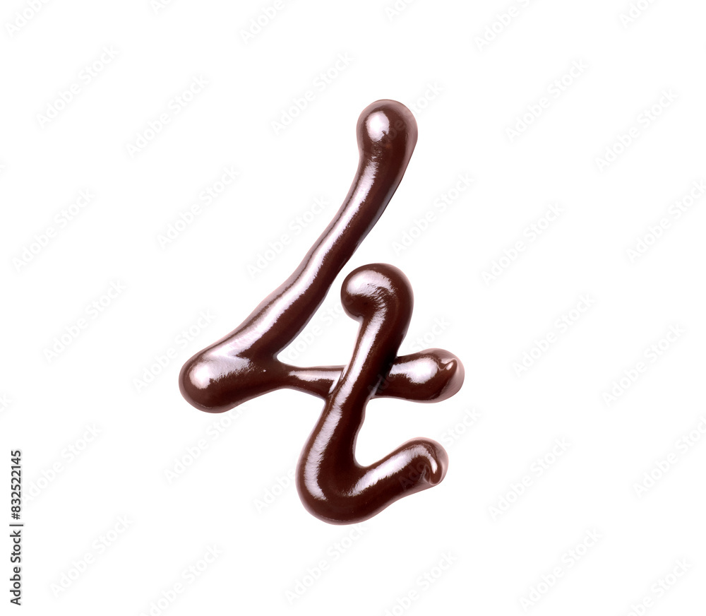 Number 4 made of melted chocolate, isolated on a white background