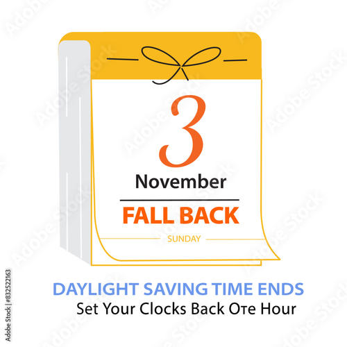 Fall Back Time Calendar Date 3 November, 2024. Daylight Saving Time Ends Web Banner with Reminder Text Change Clocks Back One Hour. Vector illustration