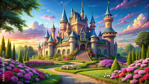 Fairy tale inspired princess castle with turrets and lush gardens photo