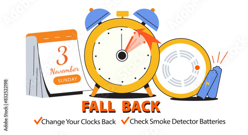 Daylight Saving Time Ends. Fall Back Time Banner. Clock with calendar date of changing time in November 3, 2024 with reminder text - Change Your Clock Back One Hour and Check Smoke Detector Batteries