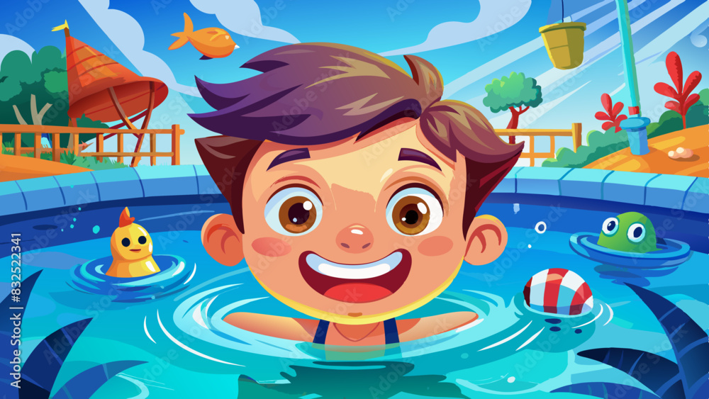 Naklejka premium Boy in red swimsuit lying in an inflatable pink donut in the pool on a sunny summer day