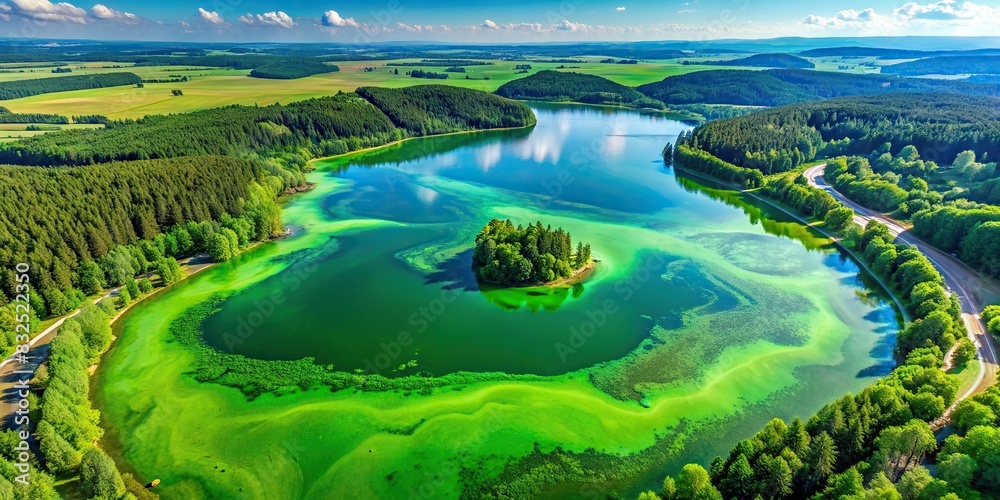 Aerial view of a vibrant algae bloom in a lake